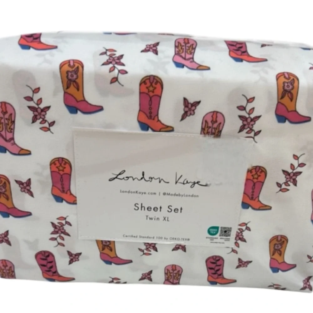 London Kaye Multicolored Cowboy Boots Western Twin XL Sheet Set New Cowgirl
